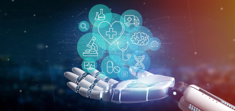 Robot hand holding medical icons